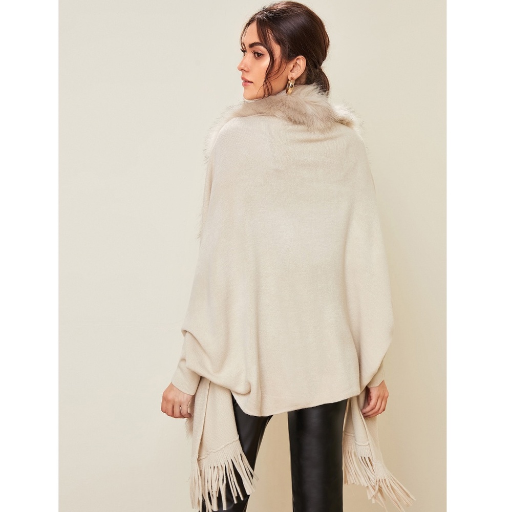 Fur and Fringe Detail Open Beige Cardigan - Picture 5 of 11